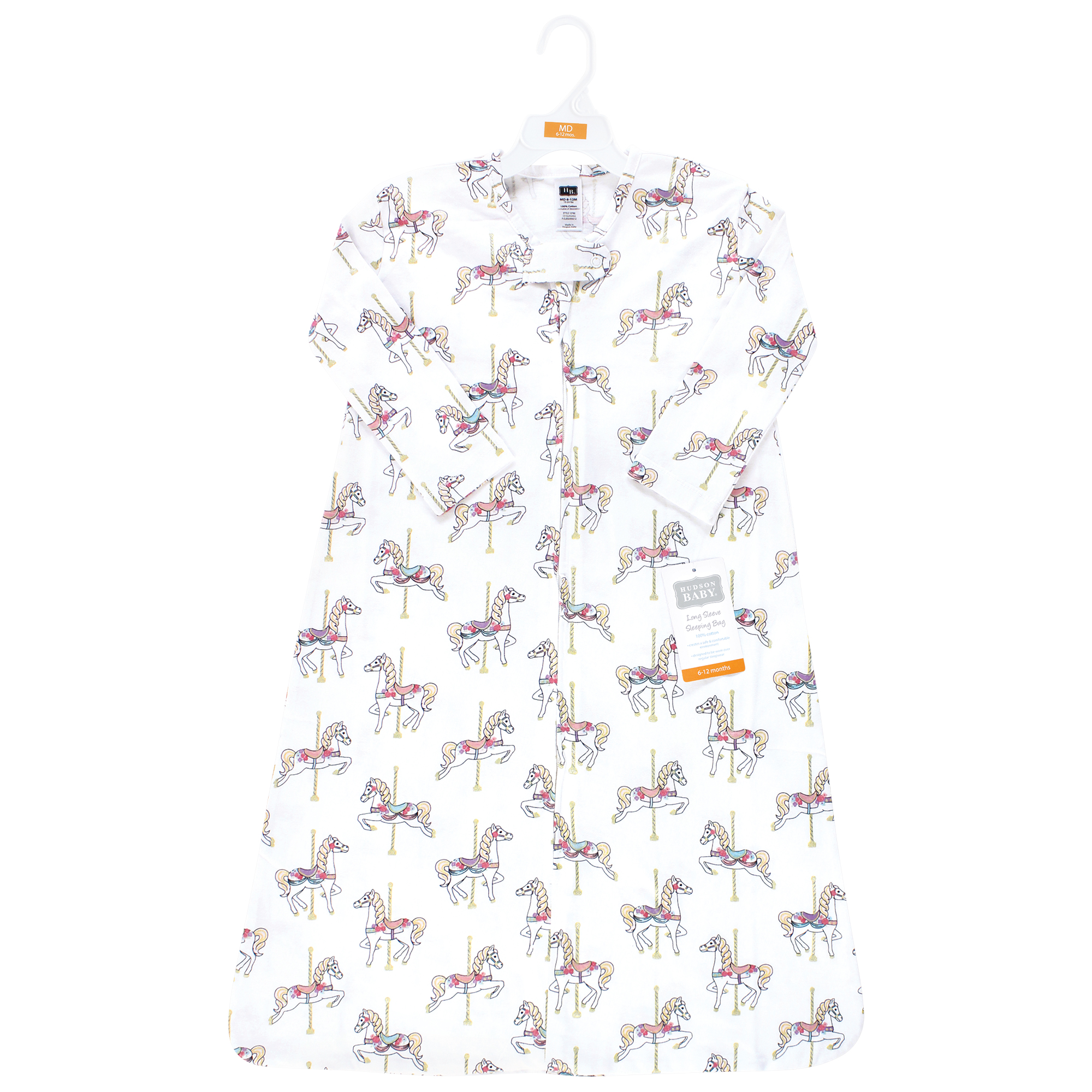 Hudson Baby Infant Girl Long Sleeve Cotton Jersey Sleeping Bag, Carousel Horse, 12-18 Months