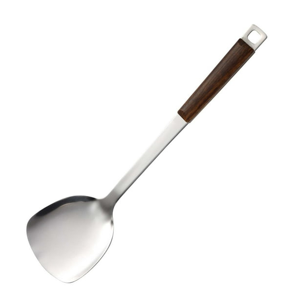 Cuchara de cocina de acero inoxidable con mango de madera. Utensilio de cocina para remover, servir y colar. Cucharón, espumadera, espátula y colador. Herramienta de cocina doméstica para uso diario