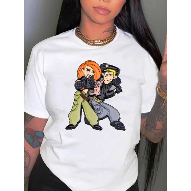 Tee-shirt Graphique Chic & Confortable pour Femmes - T-Shirt à Manches Courtes Col Rond Décontracté avec Imprimé Unique Garçon & Fille, Mélange de Polyester Extensible, Lavable en Machine - Parfait pour l'Été