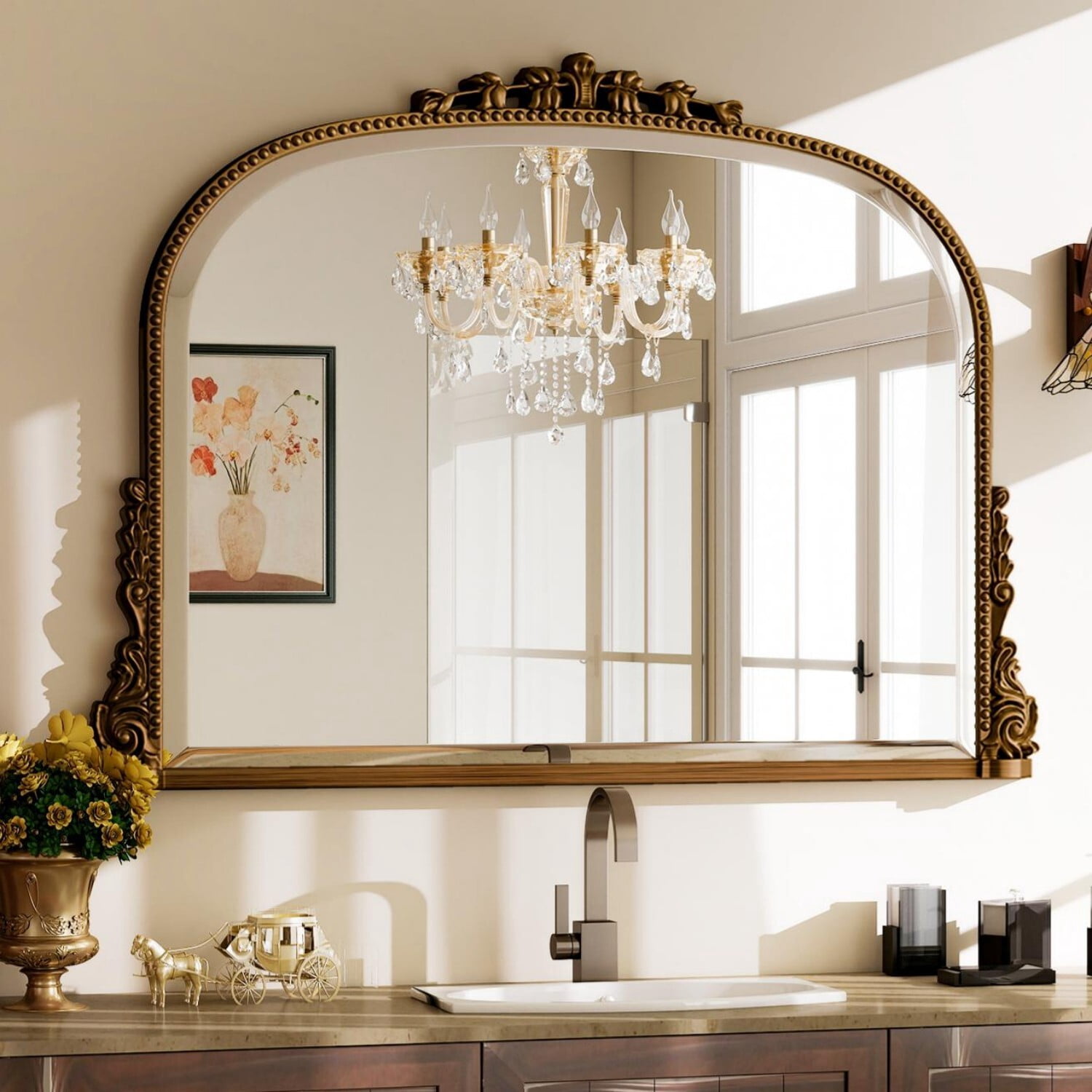 Clarvion 44"x32" Vintage Bathroom Mirror Arched Decorative Wall Mirror, Antique Gold