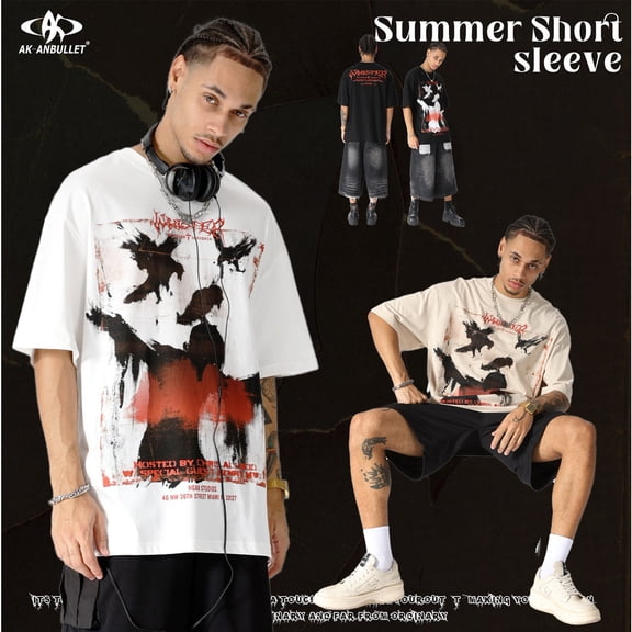 AK Men's Fashion New Short Sleeve Cotton T-Shirt with National Trend Art Graffiti Street Hip-hop Brand Printed T-shirt