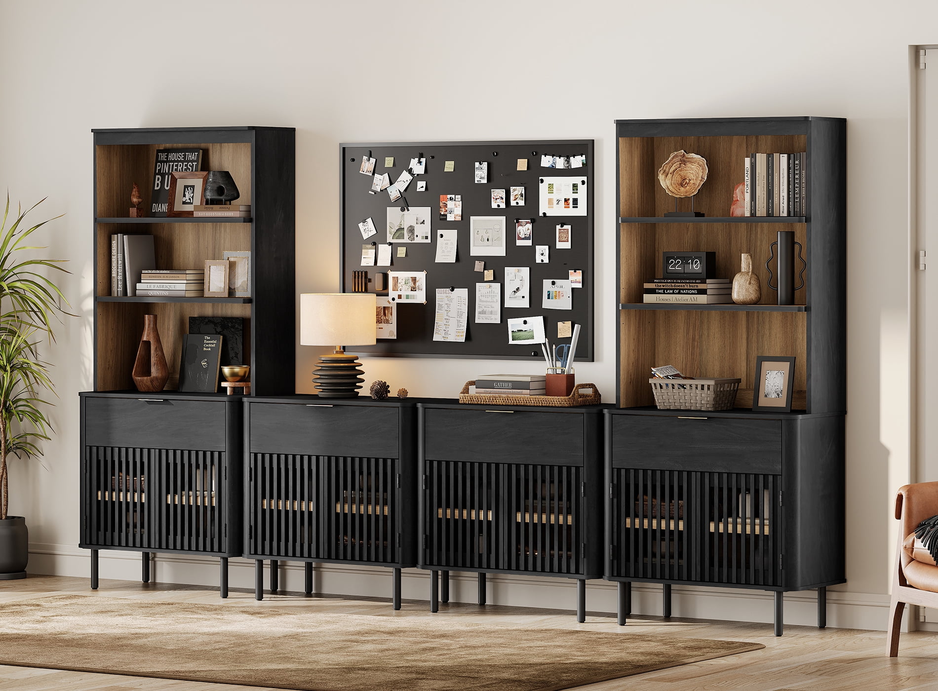 WAMPAT 72.8" Tall Bookshelf with Doors and Drawers, Modern Bookcase with Storage, Adjustable Shelves, Wood Storage Cabinet, Black