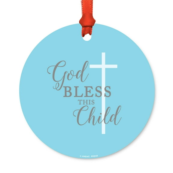 Round Metal Christmas Ornament, Bless this Child, Girl, Includes Ribbon and Gift Bag, Present Gift Ideas