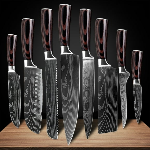 Ensemble de 8 Pcs Couteaux de Cuisine Motif Damas au Laser Couteau de chef Tranchant Couperet Tranchage Couteaux Utilitaires Outil