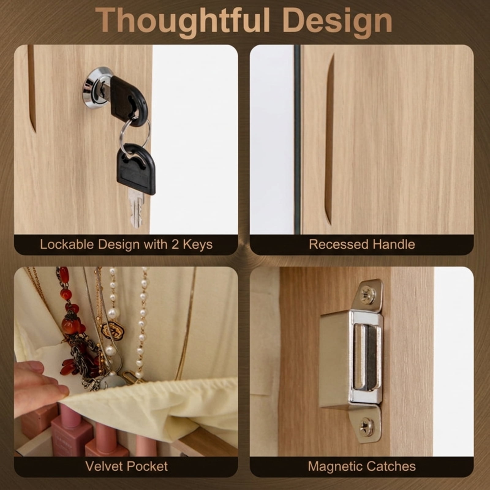 Furnibear Wall and Door Mounted Mirrored Jewelry Cabinet with Lights for Bedroom Dressing Room Jewelry Necklace Rings Storage Mirror, Natural