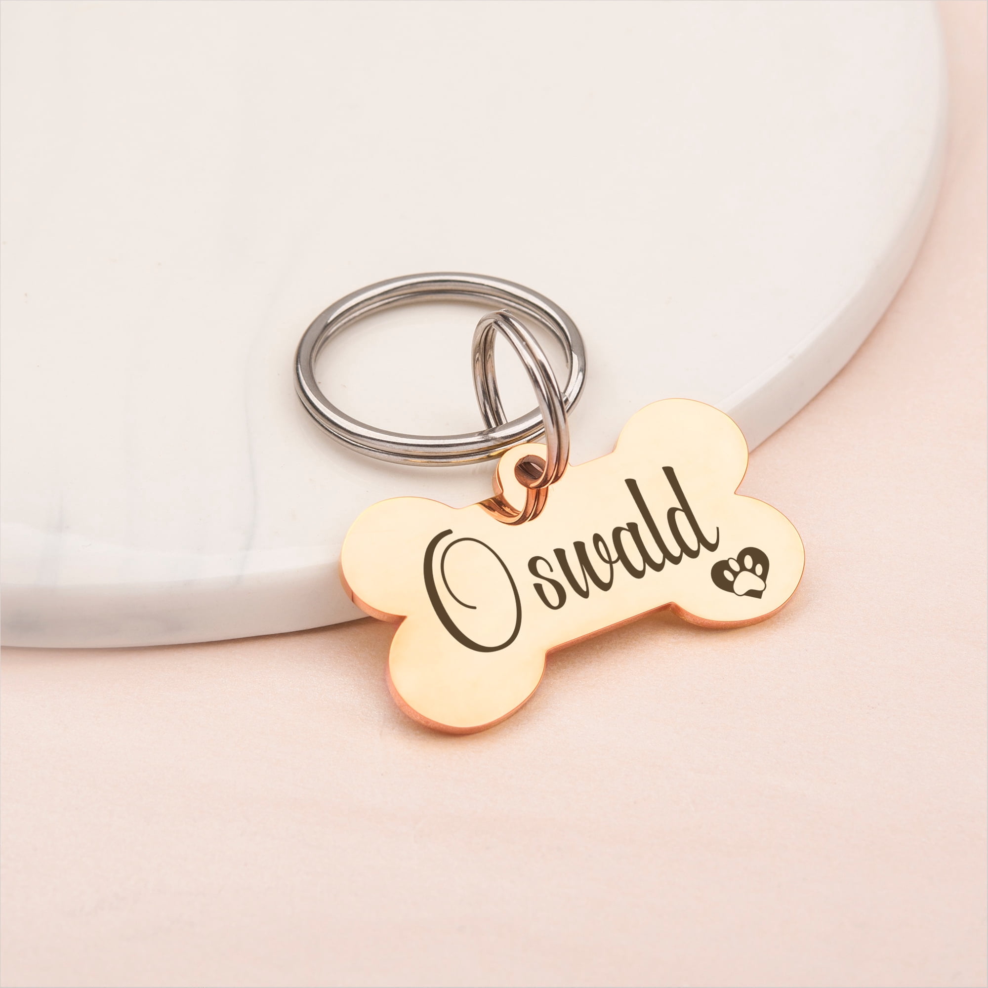 Anavia Metal & Stainless Steel Bone Name Tag with Funny Paw Icon Birthday Holiday Christmas Engraved Dog ID Tag, Rose Gold, L