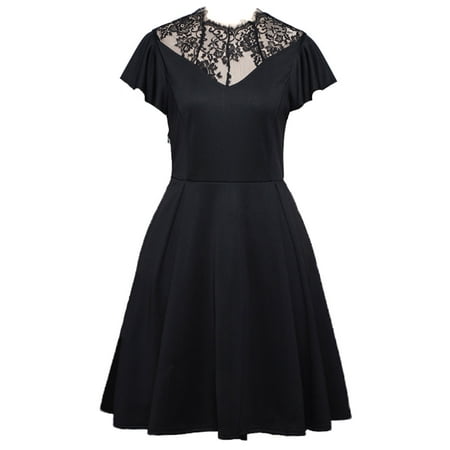 Women Ladies Solid Ruffled Short Mini Dress Sexy Lace Evening Party Swing Dress 50s Women Vintage Rockabilly Dresses For Ladies Girls Size 4 -18 Black