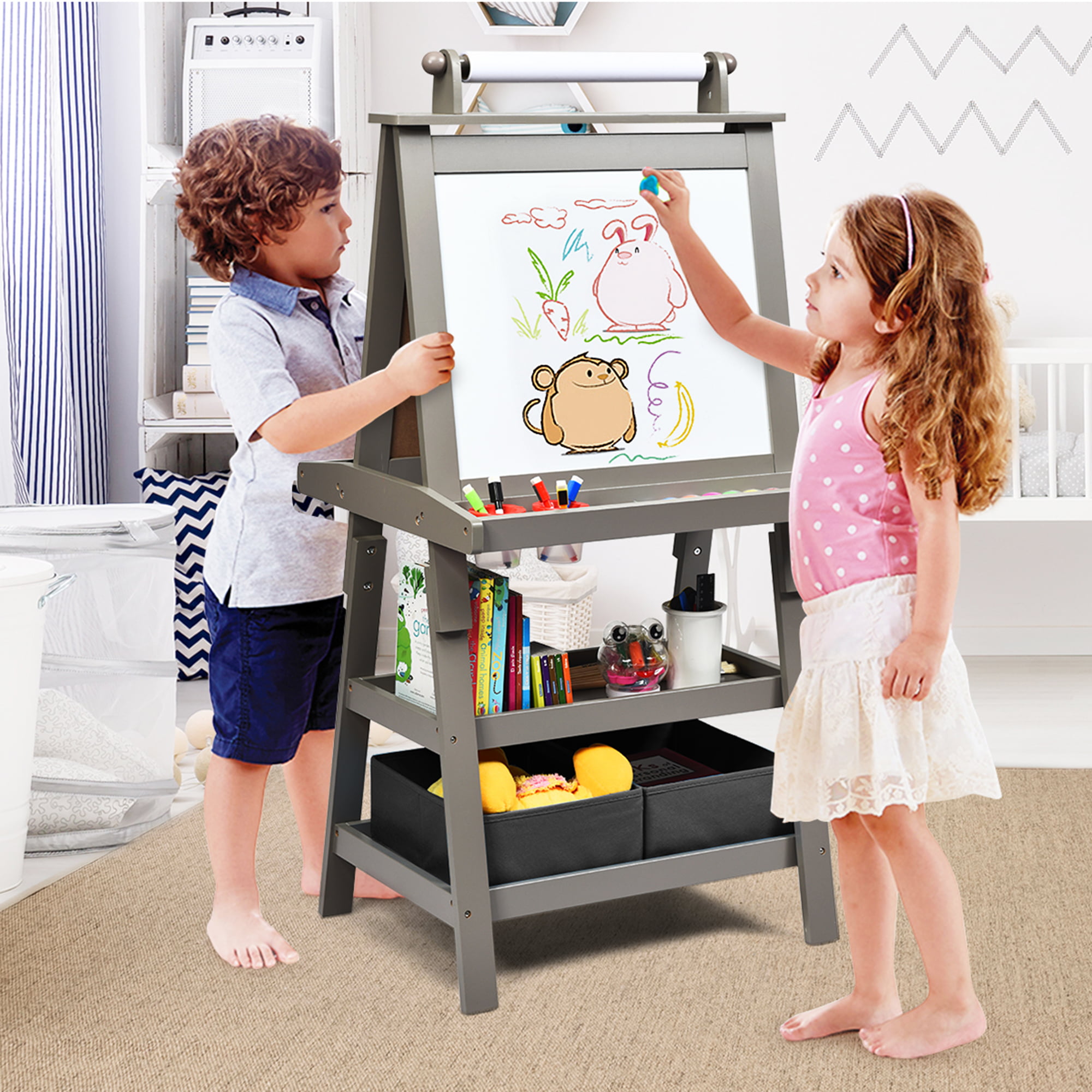 Gymax Kids Art Easel w/Paper Roll Double-Sided Adjustable Drawing Easel  Board 