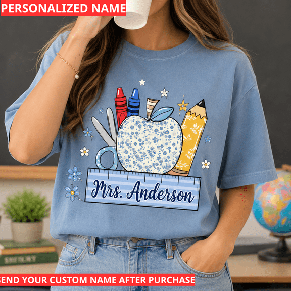 Back To School Shirt, Personalized Teacher Name Shirt, Custom Apple Pencil Classroom Tee, Teacher Appreciation Gift, First Day Of School