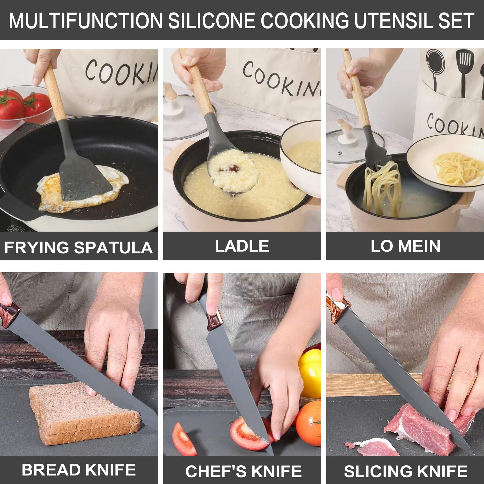 HEESEM 20 Pcs Silicone Stainless Steel Cooking Utensils Set -Multifunctional Kitchen Utensil Set - Gray
