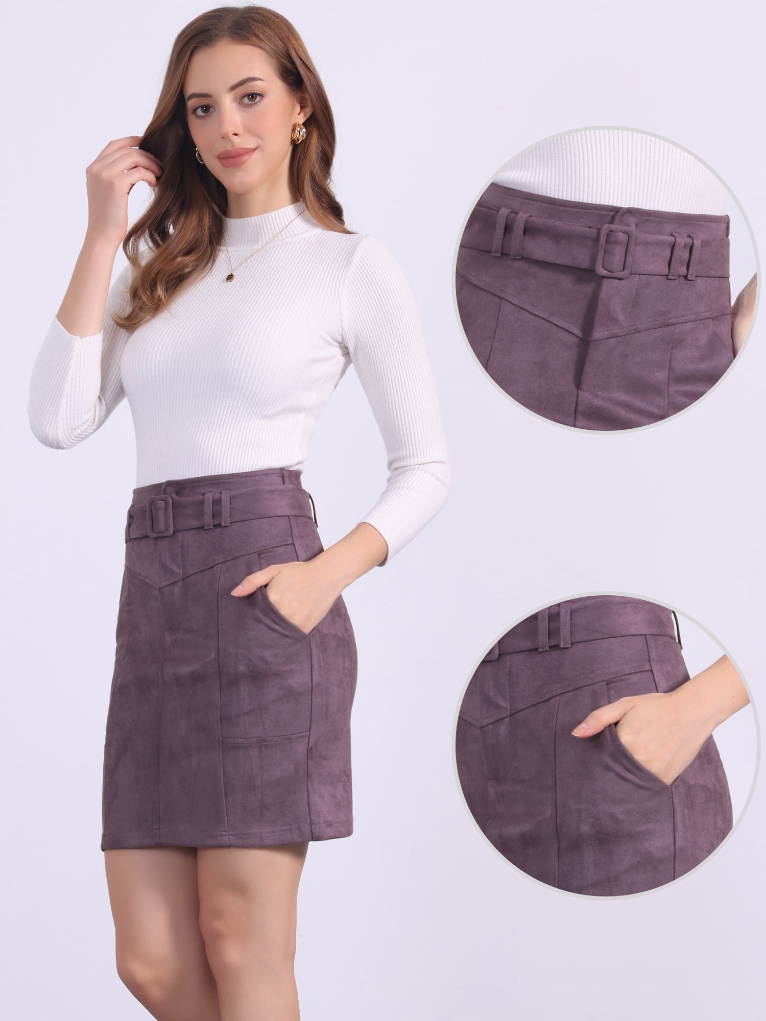 DARING DIVA Women's Faux Suede Skirt Belted Pencil Skirts XL Dark Purple