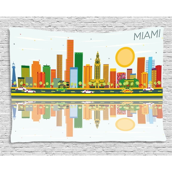 Miami Tapestry, North American City Skyline with Water Reflection Colorful High Rise Buildings Cars, Wall Hanging for Bedroom Living Room Dorm Decor, 60W X 40L Inches, Multicolor, by Ambesonne