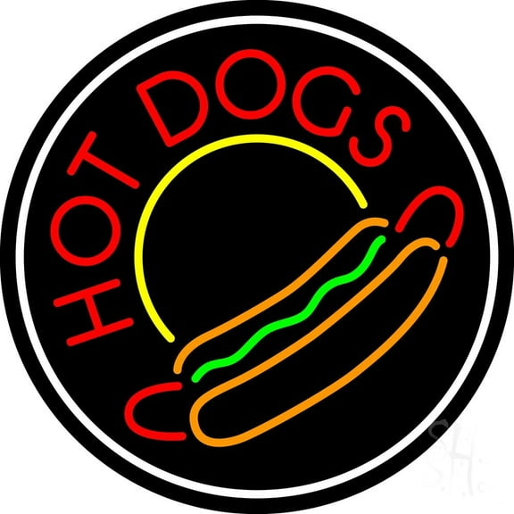 Red Hotdogs Circle LED Neon Sign 26 x 26 - inches, Black Square Cut Acrylic Backing, with Dimmer - Bright and Premium built indoor LED Neon Sign for restaurant window and interior decor.