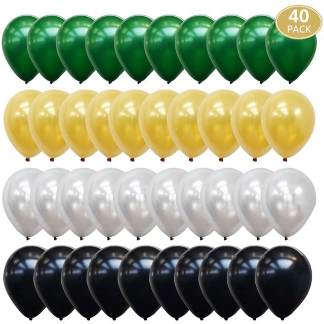Globos dorados, negros y plateados, globo verde para fiesta de graduación.