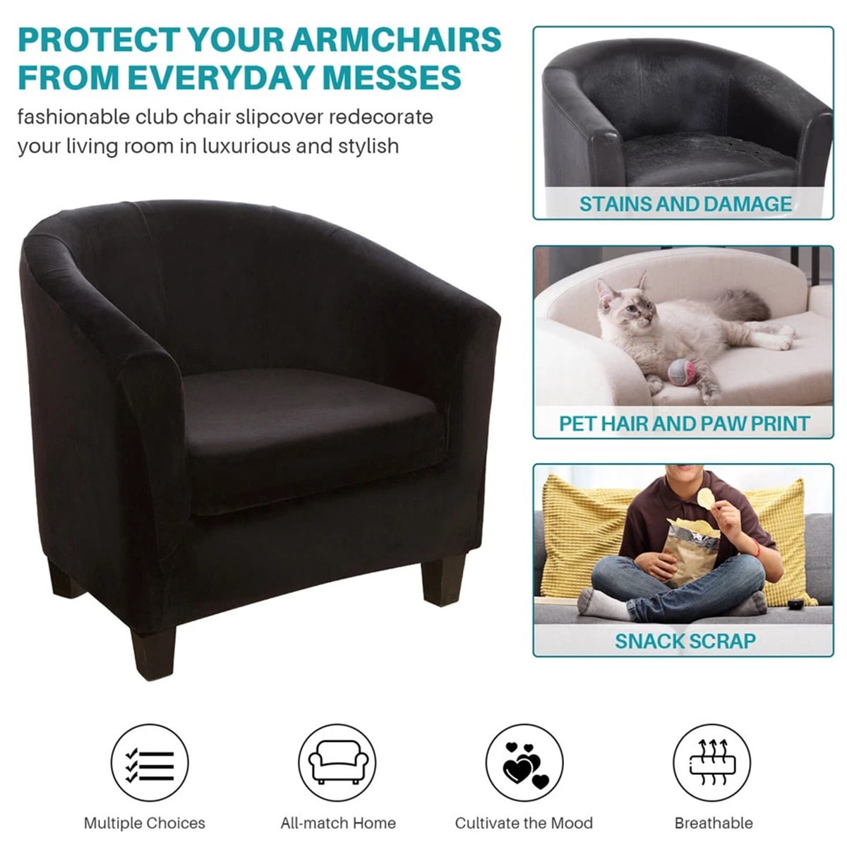Eurhowing Stretchable Tub Chair Slipcover, 2-Piece Velvet Soft Armchair Cover with Cushion Cover, Elastic Fit Club Chair Sofa Couch Slipcover, 2-Pack, Black