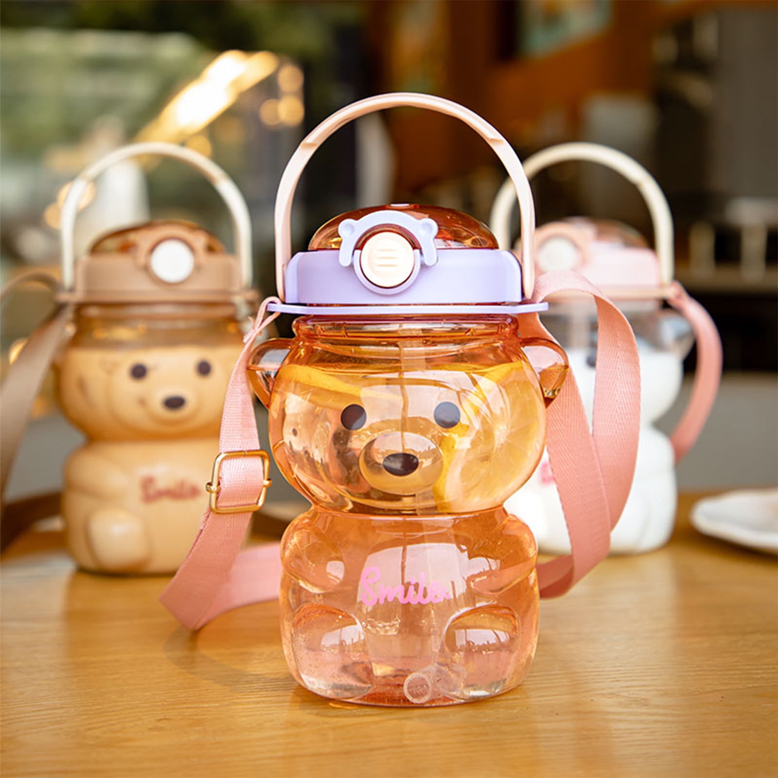 AZLNRMU Kawaii Bear Straw Bottle Large capacity bear water bottle with  Strap and Straw Cute Portable Bear shaped water Bottle Adjustable Removable  Strap for outdoor and school activities(pink)