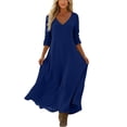 thumbnail image 5 of Ayolanni V Neck Fall Dresses for Women Long Sleeve Beach A-Line Maxi Dresses Pleated Flowy Casual Solid Long Dress Blue XL, 5 of 7