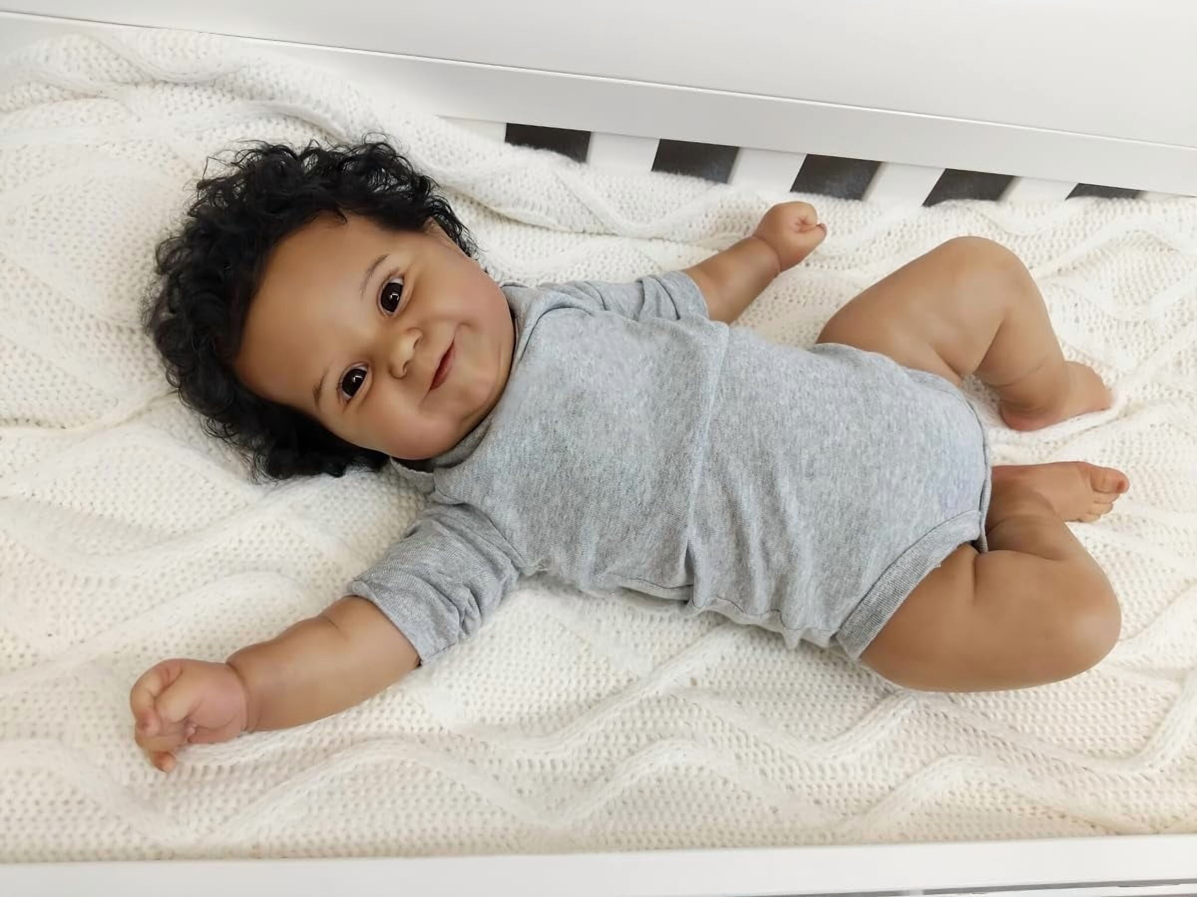 20 Inches Real Baby Size Sweet Smiling Rooted Curly Hair Lifelike African American Reborn Baby Doll Realistic Newborn Soft Cloth Body Dolls in Dark Brown Skin
