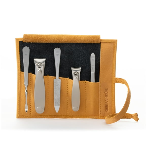 GERMANIKURE 5pc Manicure Set in Yellow Leather Case - Made in Solingen Germany, FINOX Stainless Steel Tools – Professional Quality Compact Nail Grooming Kit