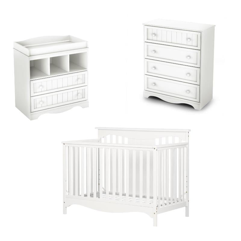 3 Piece Nursery Crib Dresser and Changing Table Set in Pure White