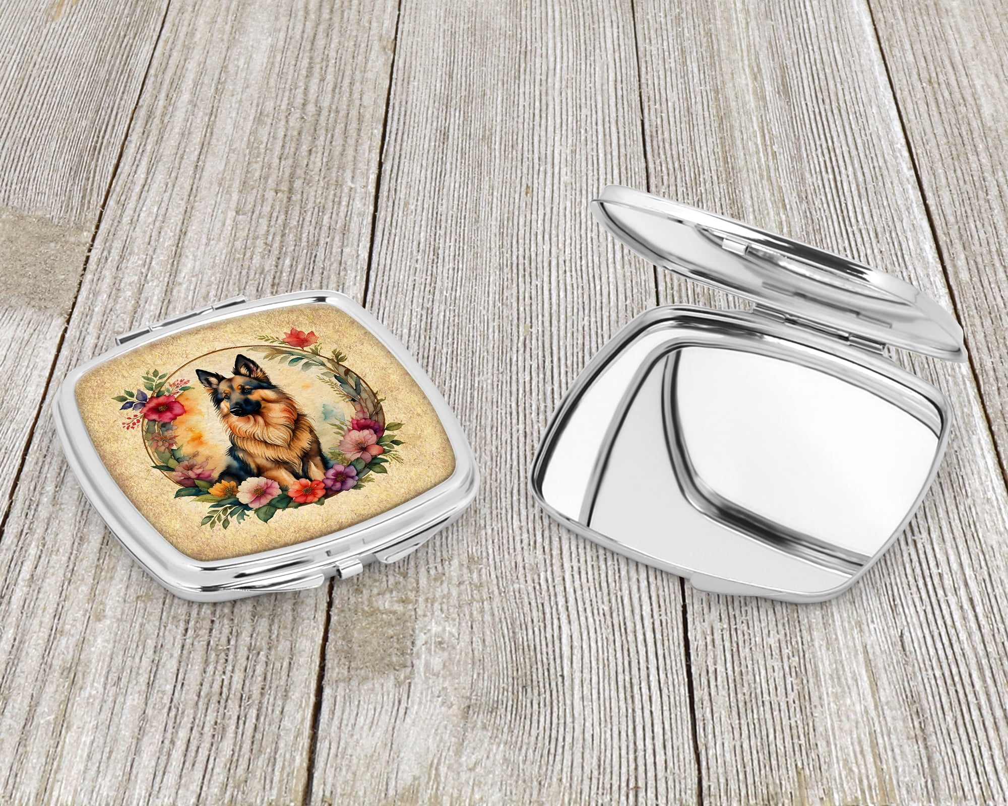 Belgian Tervuren and Flowers Compact Mirror 2.75 in x 3 in