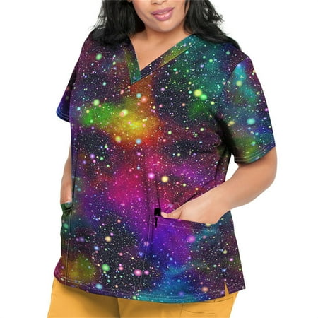 

Sksloeg Women Scrubs Tops Plus Size Breathable Galaxy Printed Shirts Tee Tops Short Sleeve V-Neck Nursing Working Uniform with Pockets Dark Green XL