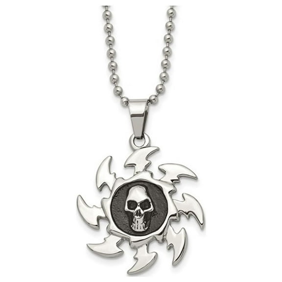 Stainless Steel Antiqued and Polished Skull on Saw Blade Pendant  Necklace with Chain (24 Inche)