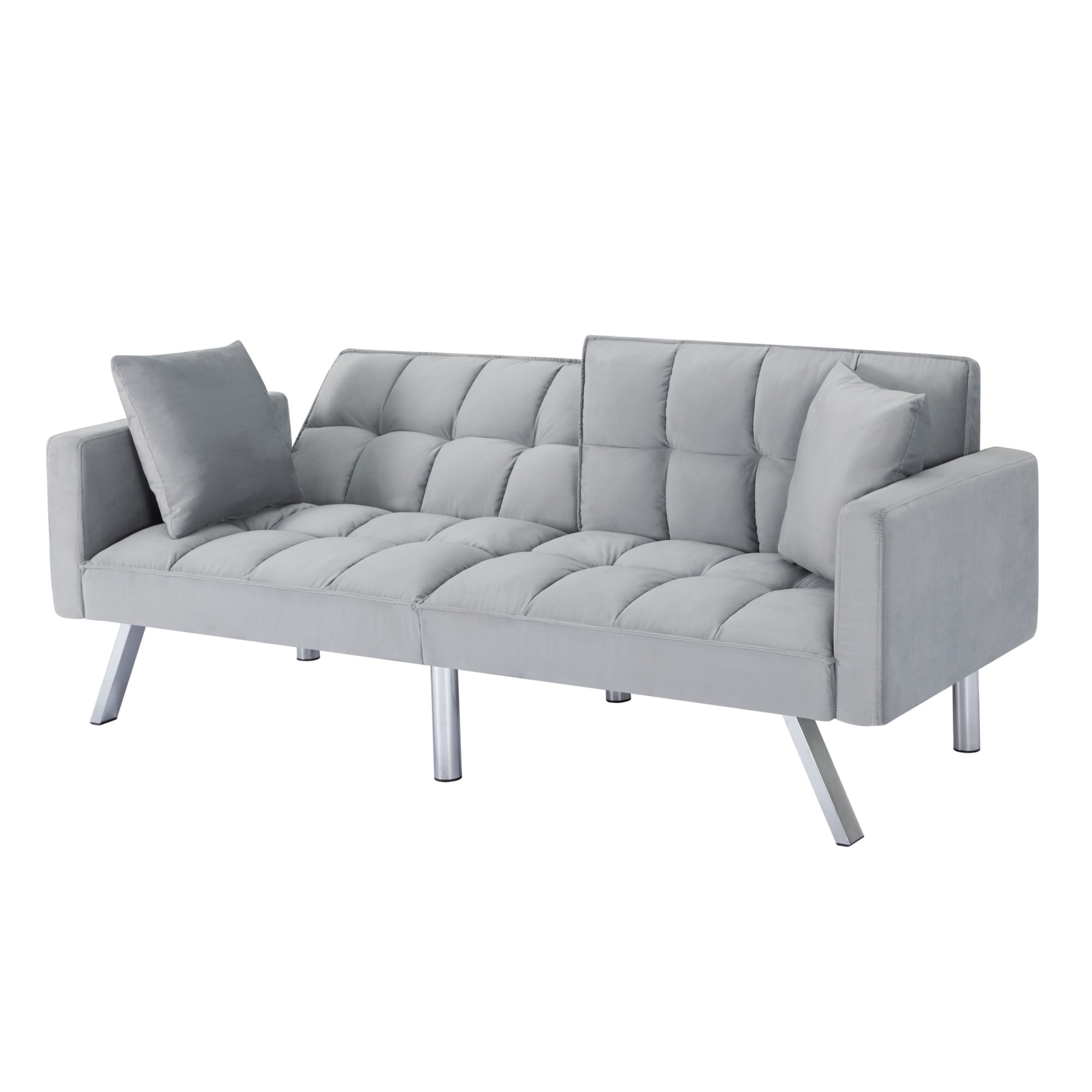 Gewnee 74"Velvet Upholstered Modern Convertible Futon, Adjustable Folding Sofa Bed, Guest Bed for Living Room Bedroom (Gray)