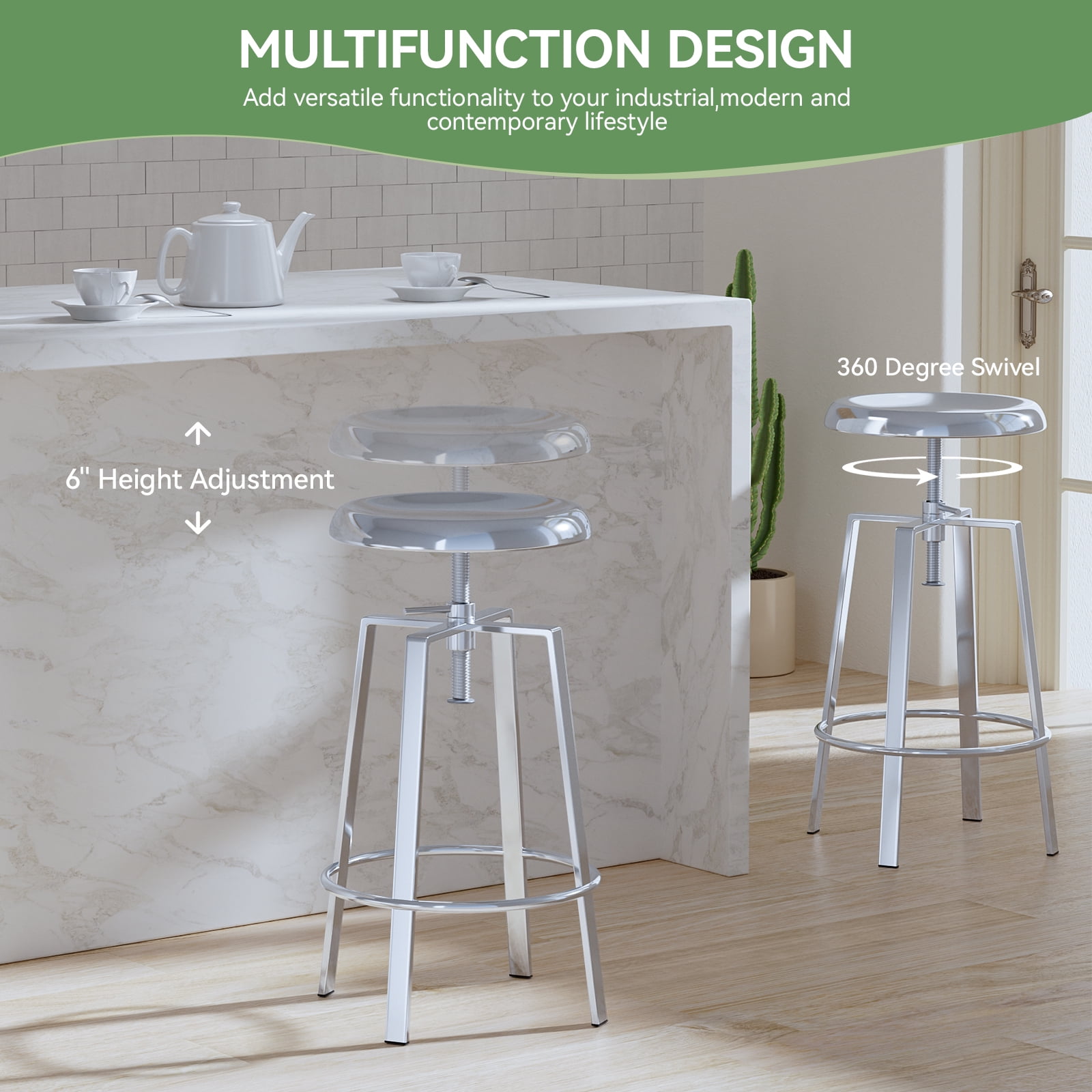 Industrial Bar Stools Set of 2, Metal Adjustable Swivel Four Legged Round Barstools, Atlas Backless Counter Height Bar Chairs for Kitchen Dining, Silver