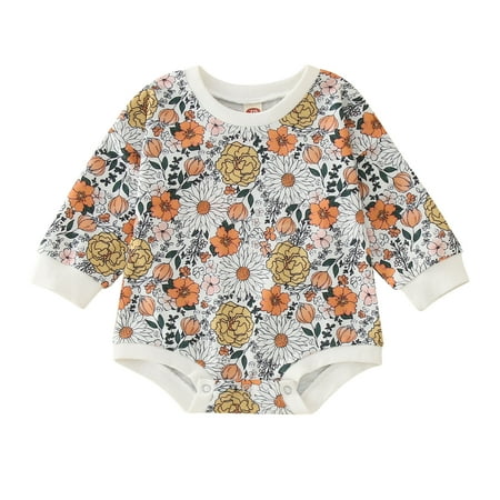

Toddler Girl Clothes Winter Longleeve Romper Bodysuit Clothes Flower Prints Orange