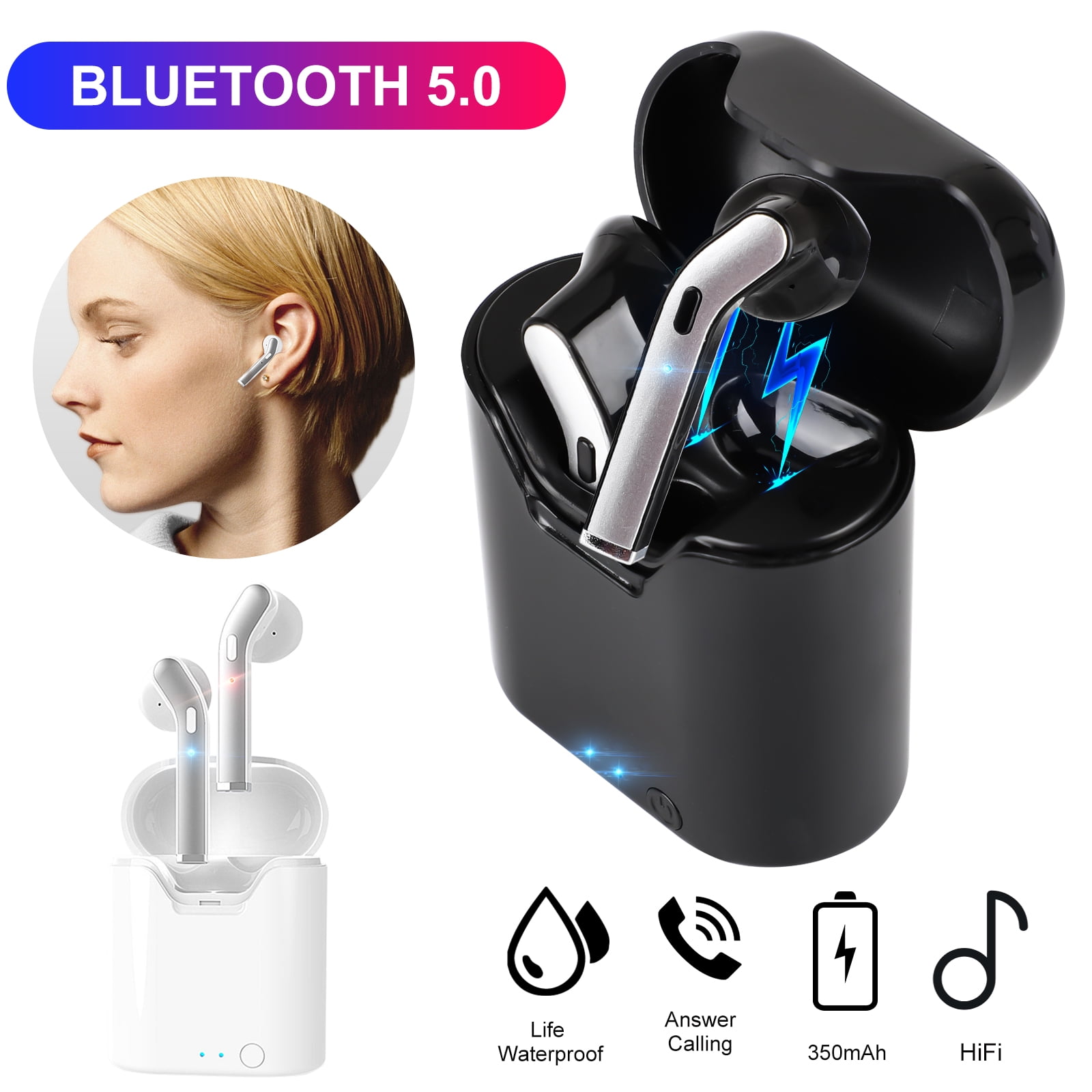 TSV Bluetooth 5.0 True Wireless Earbuds with Charging Case fits for iPhone Android, 30H Cyclic Playtime TWS Stereo Headphones with Noise Cancelling Mic, in-Ear Deep Bass Earphones Headset for Sport