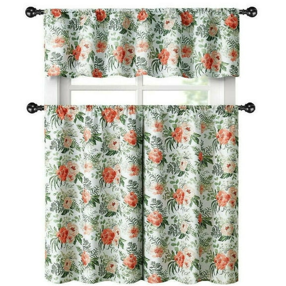 English Floral Rose Garden Complete 3 Pc Café Kitchen Curtain Tier & Valance Set