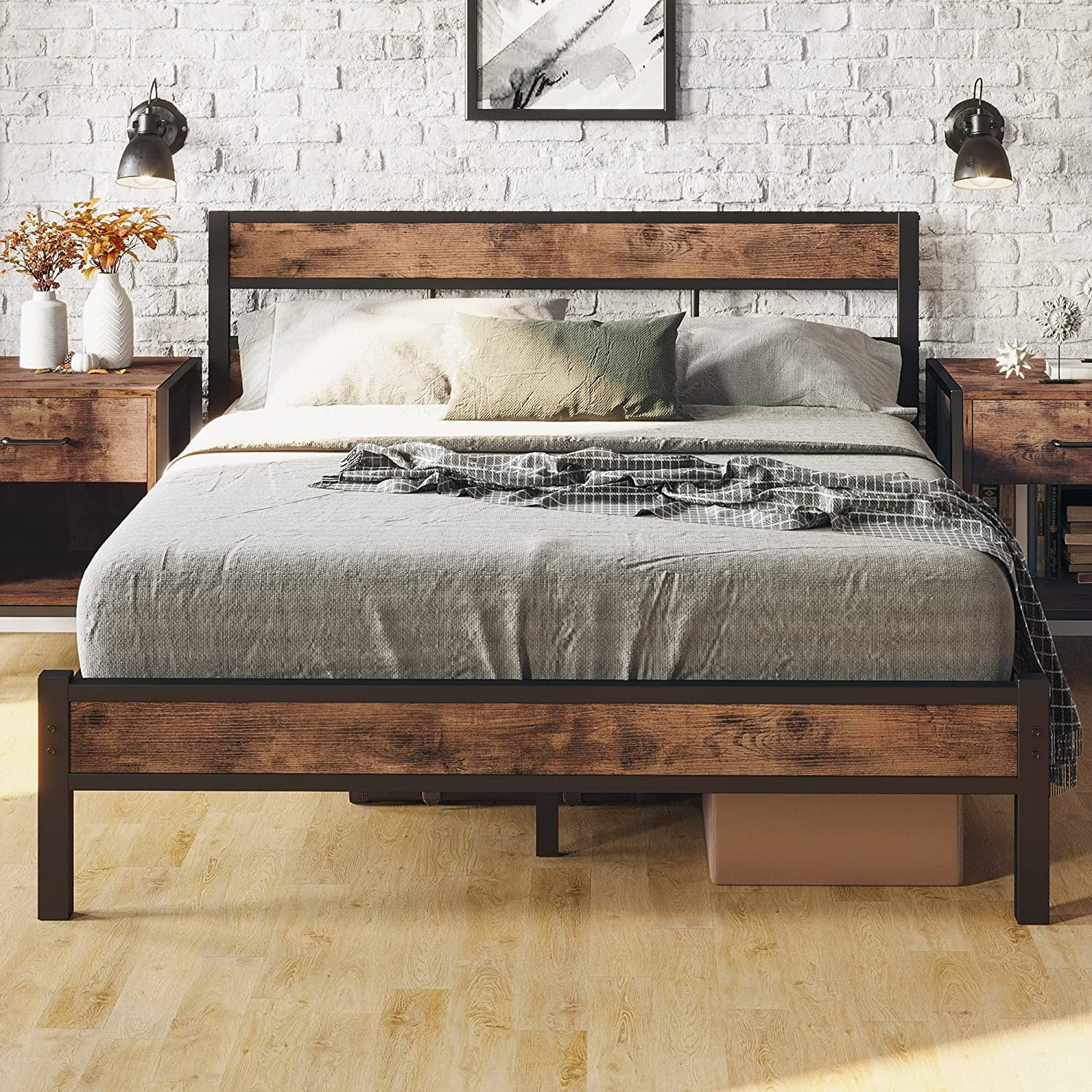14'' Heavy Duty Metal Platform Bed Wooden Slat Support Noise Free Design 