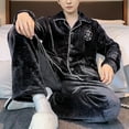 thumbnail image 6 of comerut 2 Pcs/Set Men Winter Pajamas Set Lapel Thick Buttons Single-breasted Loose Elastic Waist Warm Soft Pockets Wide Leg Solid Color Men Homewear Top Pants Set, 6 of 8
