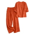 thumbnail image 2 of Women's Cotton Linen 2 Piece Outfit, V-Neck 3/4 Sleeve Top & Drawstring Wide Leg Pants Casual Matching Set, Brick Red L, 2 of 9