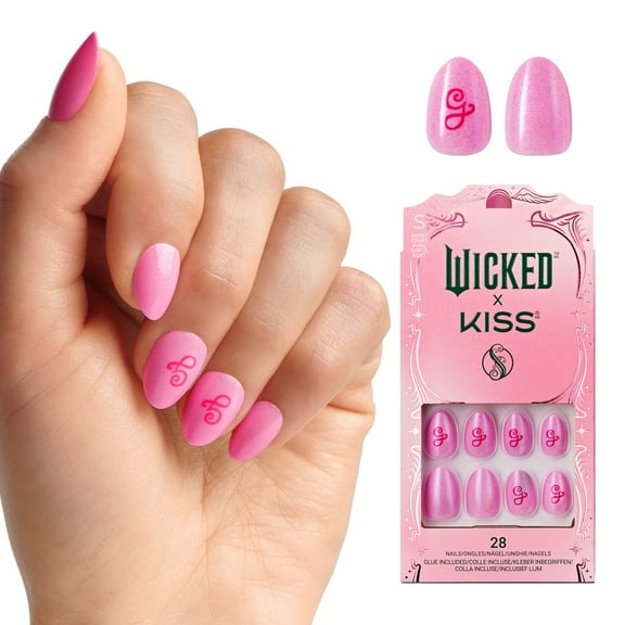 WICKED X KISS Press on Nails, Glinda Goodness, Pink, Short Almond, 28 Count