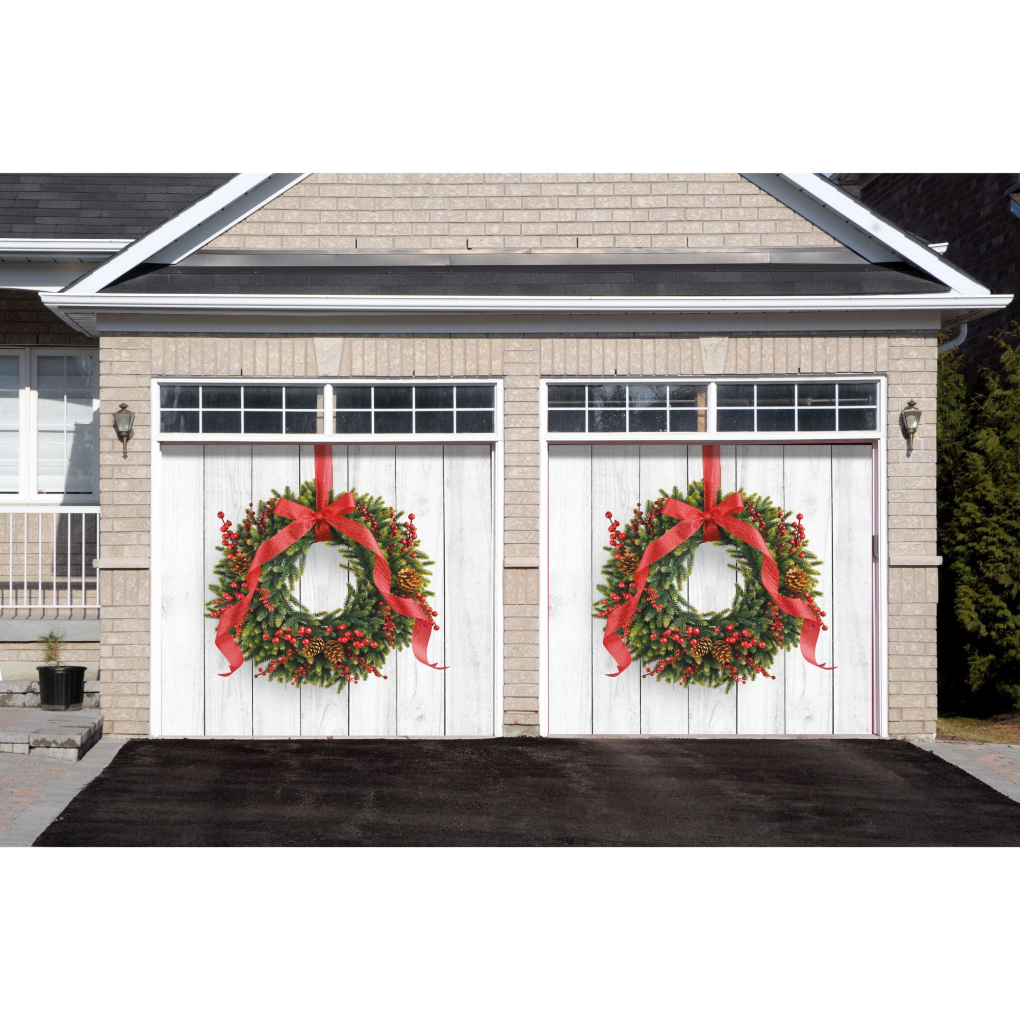 7' x 8' Green and Red Christmas Wreath Split Car Garage Door Banner
