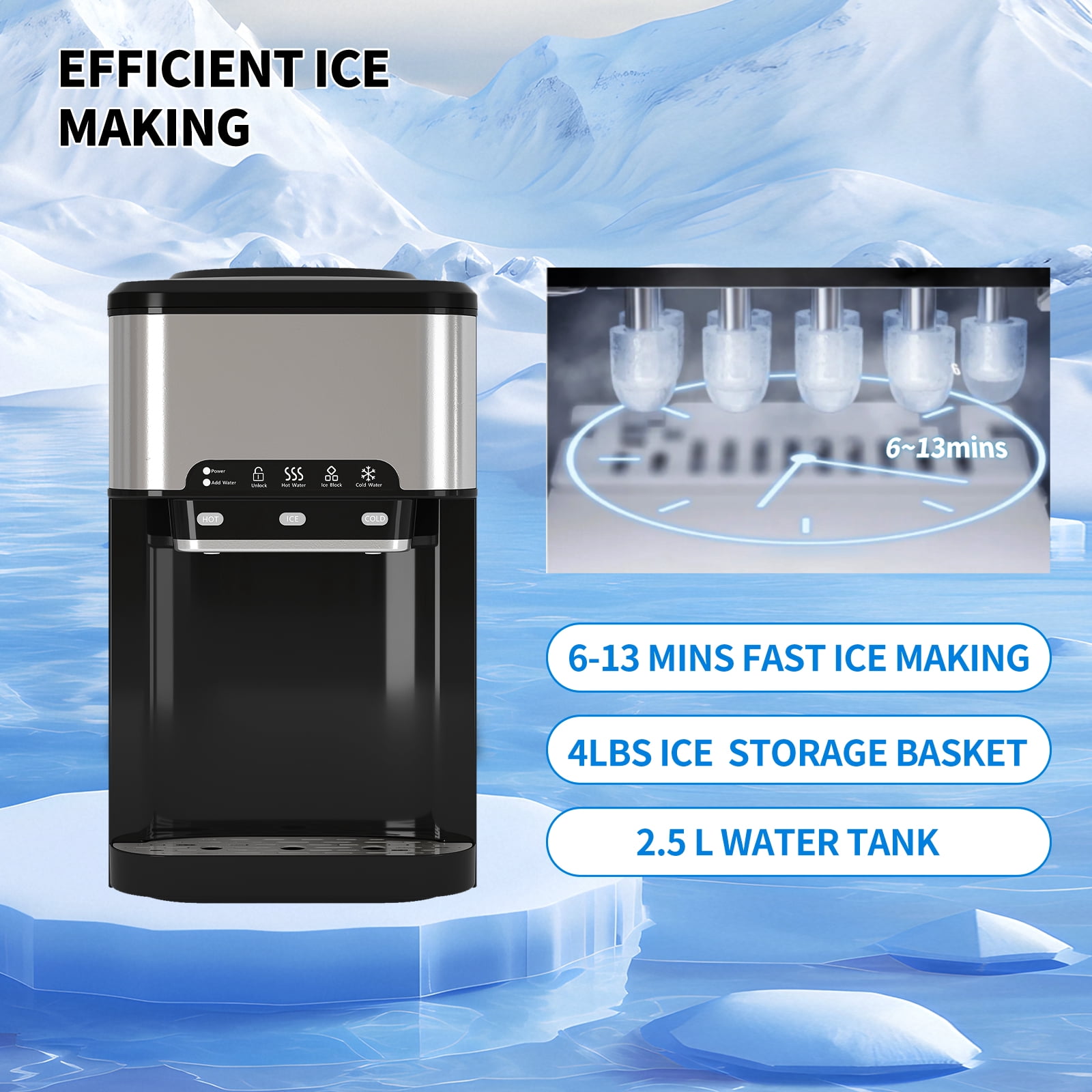 TABU 3 in 1 Water Dispenser with Ice Maker, 44 LBS/24H,Cold/Hot Temperature,Child Safety Lock,Black