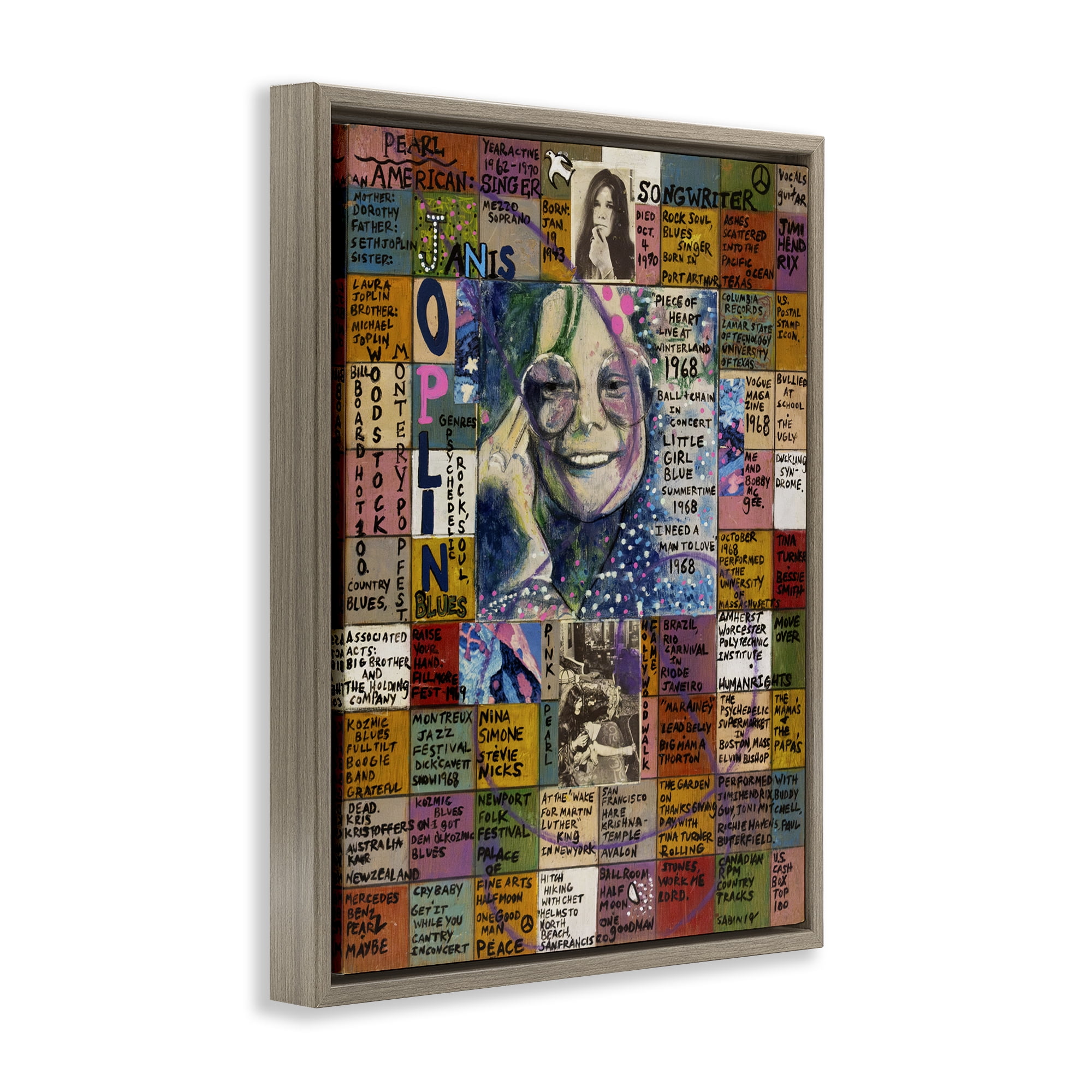 Stupell Industries Janis Joplin Collage People Drawing Brown Floater Framed Canvas Art Print Wall Art, 17 x 21