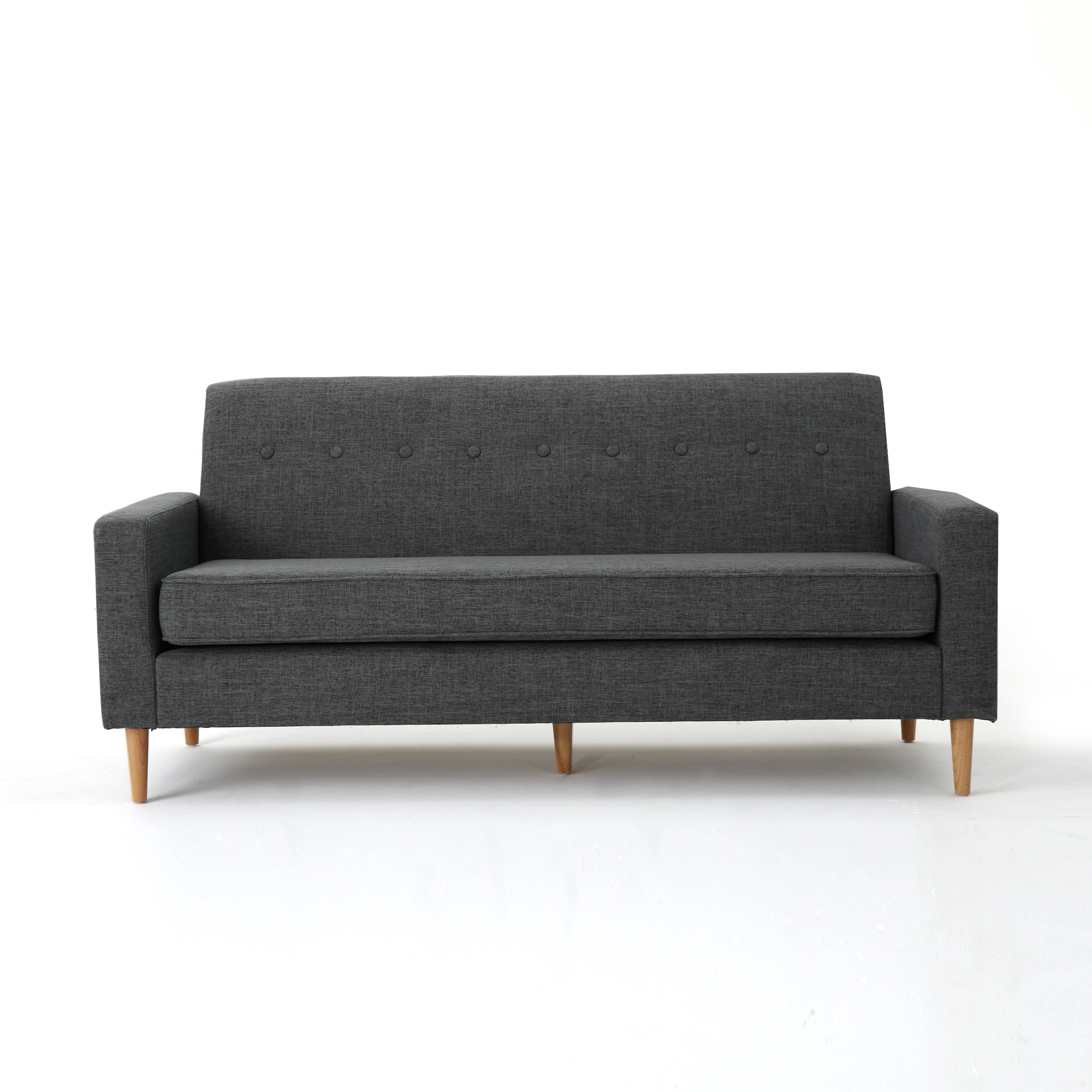 Noble House Elaina Fabric Button Tufted 3 Seater Sofa, Gray, Natural