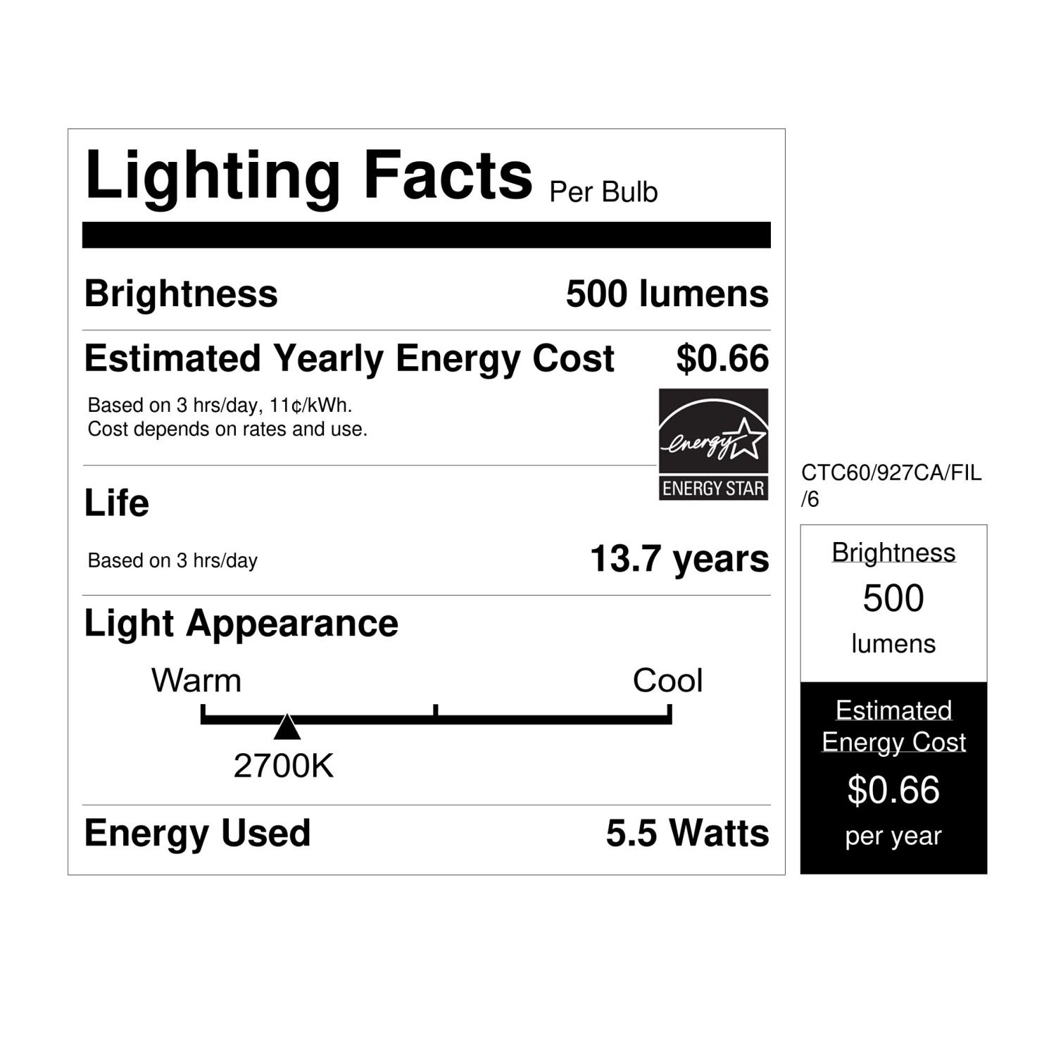 60 W Equivalent Soft White B10 Dimmable Enhance Glass Candelabra Filament LED Light Bulb