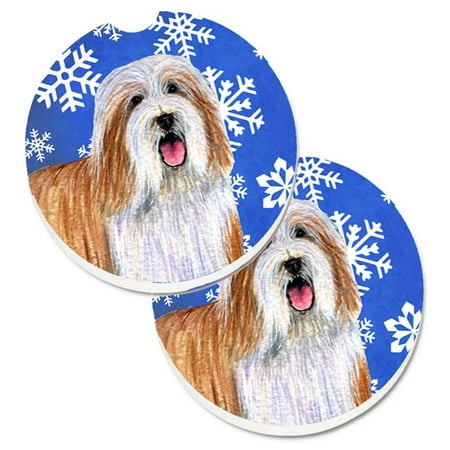 

Bearded Collie Winter Snowflakes Holiday Set of 2 Cup Holder Car Coaster