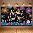 thumbnail image 3 of Colorful Fireworks Happy New Year Banner Golden Clock 2026 New Year Display City Glittering Numbers New Year Eve Backdrop for New Year Celebration 2026 Party Indoor Decoration, 3 of 9