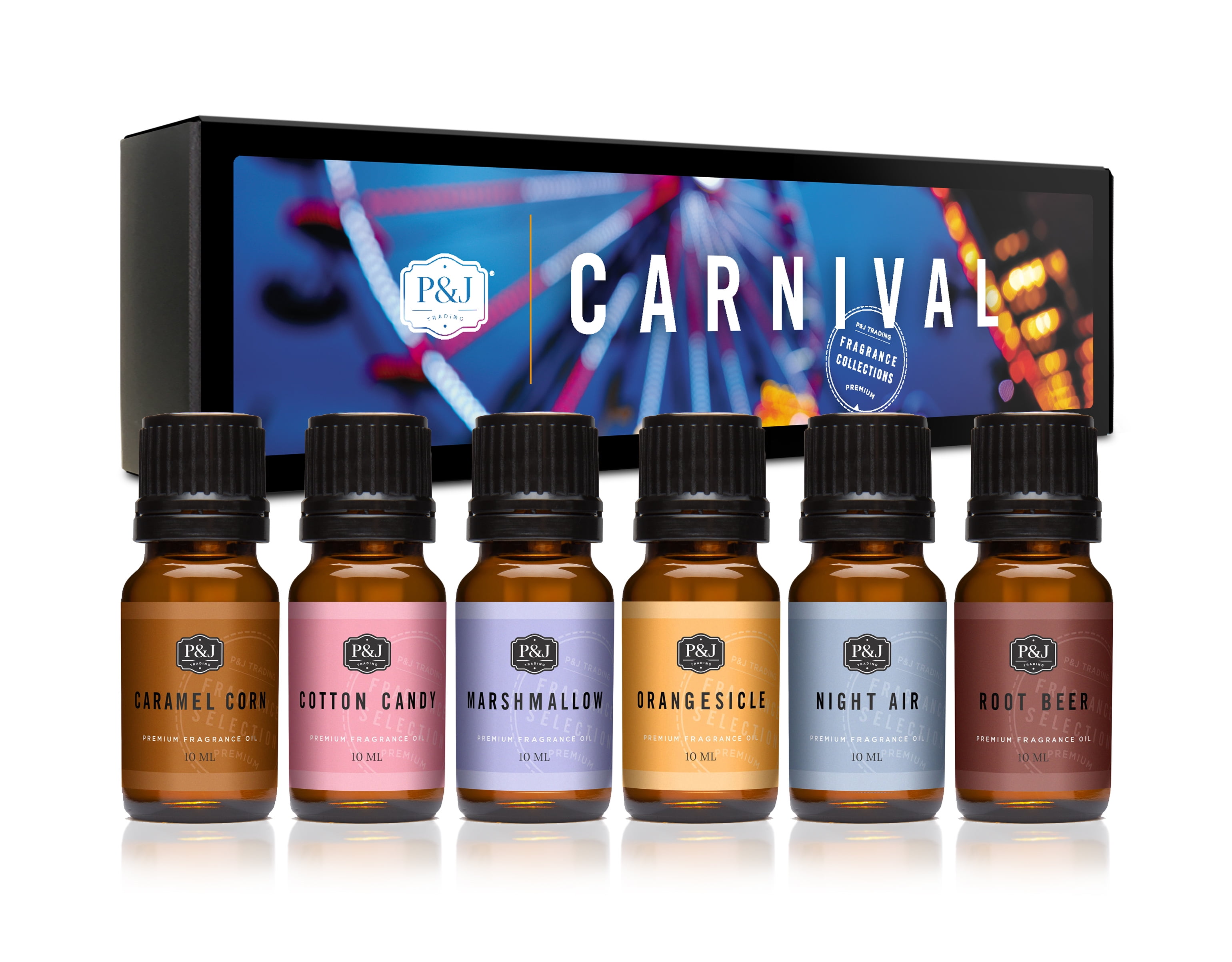 Carnival Set of 6 Fragrance Oils - Premium Grade Scented Oil - 10ml - Cotton Candy, Night Air, Marshmallow, Orangesicle, Root Beer, and Caramel Corn