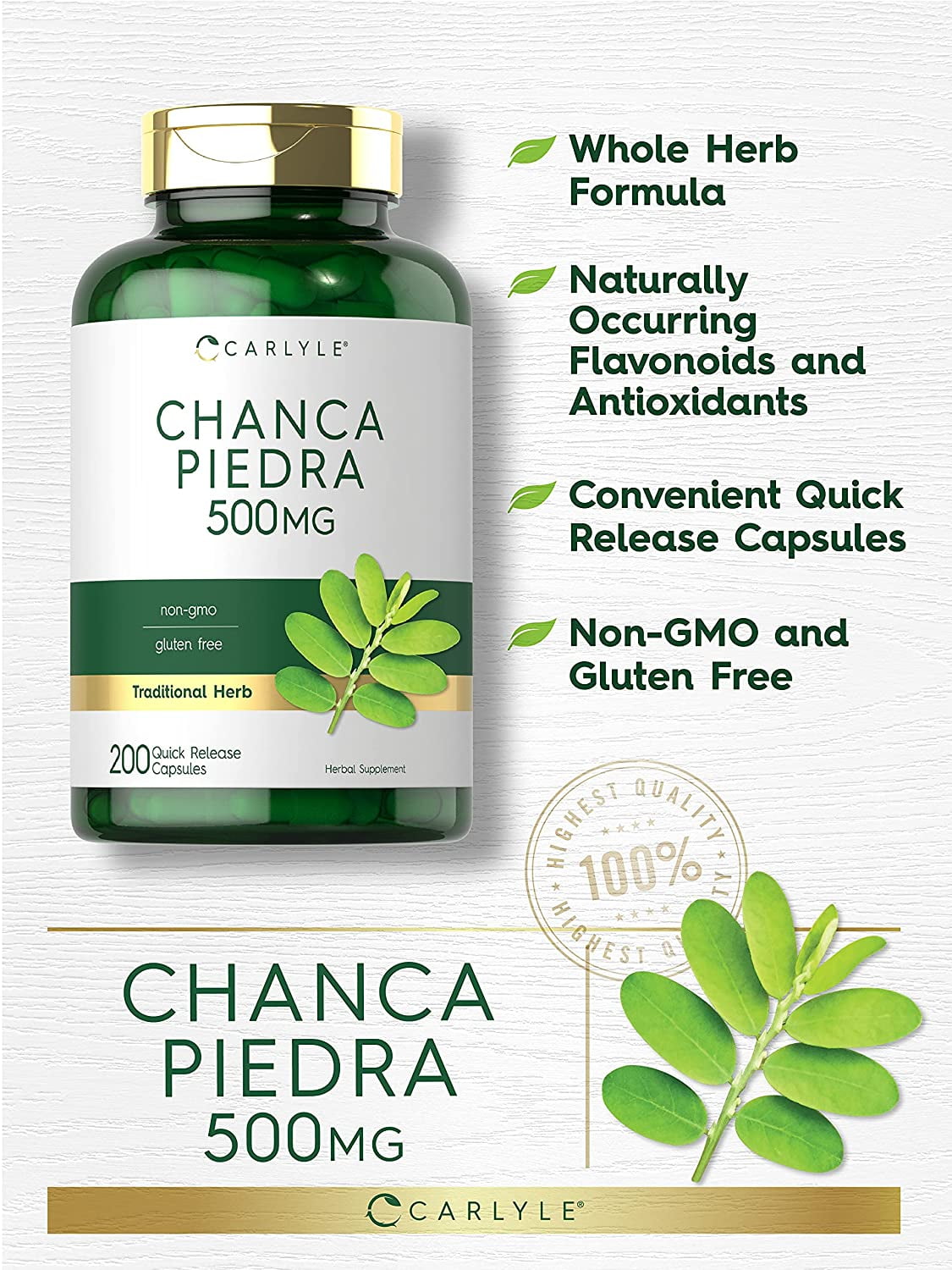 Chanca Piedra | 500mg | 200 Capsules for Men and Women | Traditional Herb Formula | by Carlyle