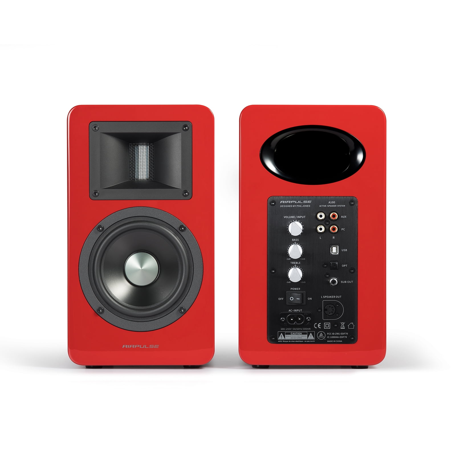 AirPulse A100 Hi-Res Audio Certified Active Speaker System Built-in Amplifier Optical, Coaxial, Bluetooth 4.1 aptX, RCA, AUX, and USB Inputs - Pair Red