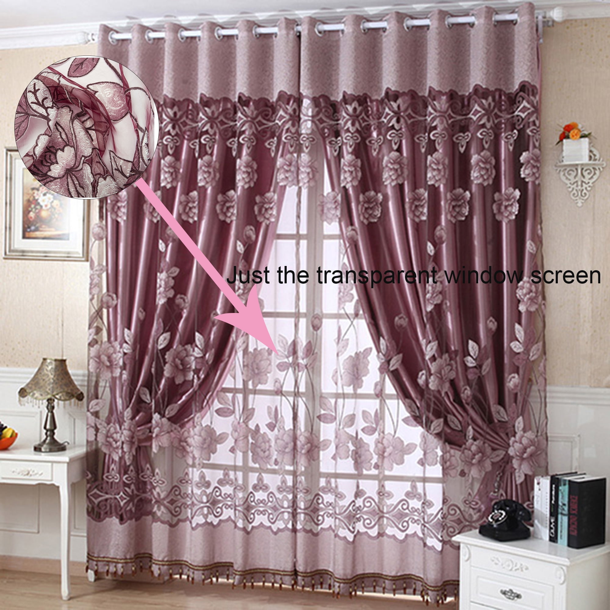 Sheer Lace Curtain Voile Flower Beads Hand Stitched Mesh Window Scarves 1 Panel 