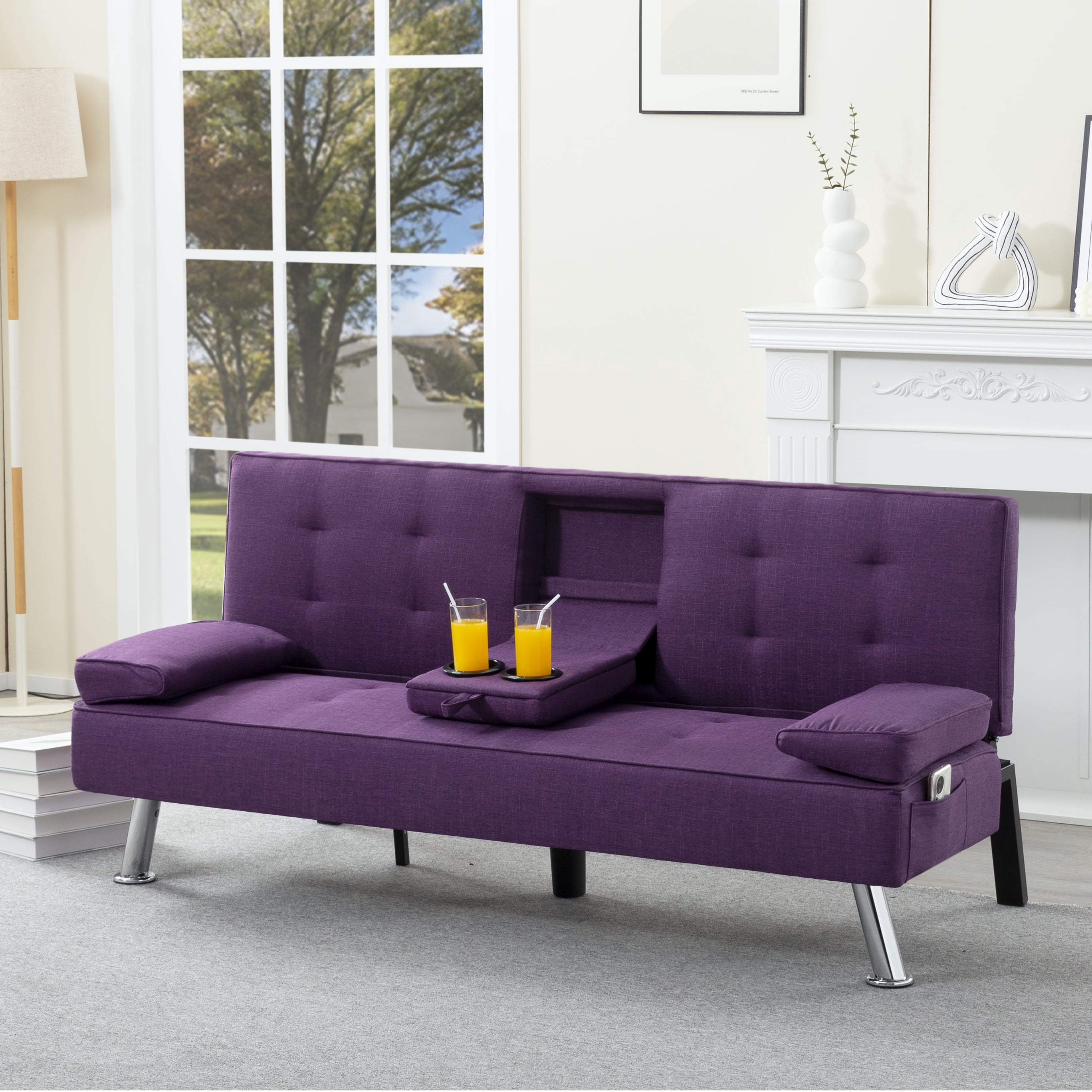 Gewnee 65.35" 3‑in‑1 Convertible Futon Sleeper Sofa,Sofa Bed with Cup Holders & Storage Bag ,Polyester Foldable Sleeper Couch with Adjustable Backrest for Small Apartments & Office，Purple