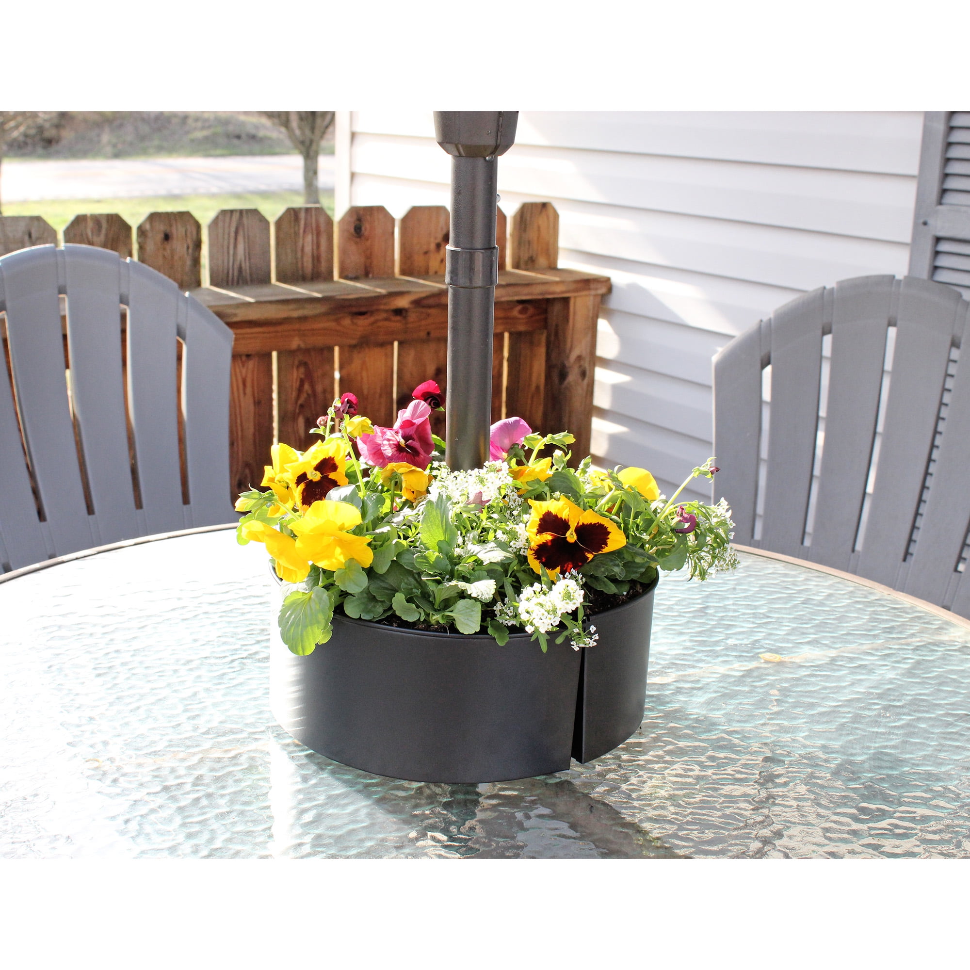 AuldHome Design Umbrella Planter for Patio Table w/ Umbrella Hole (Black), Enamelware Half-Circle Planter Pots