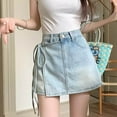 thumbnail image 5 of Women High Waist A-line Denim Shorts Irregular Fake Two Pieces Short Pants (Light Blue XL), 5 of 5